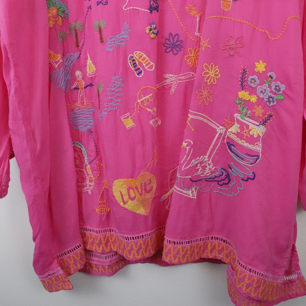 Johnny Was Zadonia Embroidered Tie Neck Blouse‎ 1X Fuchsia Pink - Picture 8 of 11